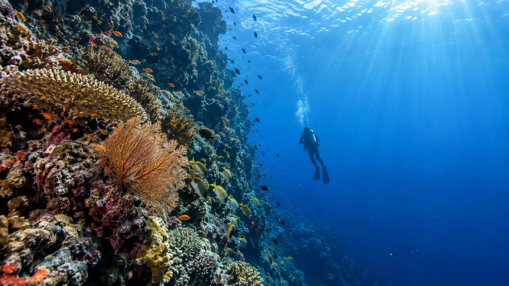 A diver beside a coral reef wall at Atauro Island, Timor-Leste
