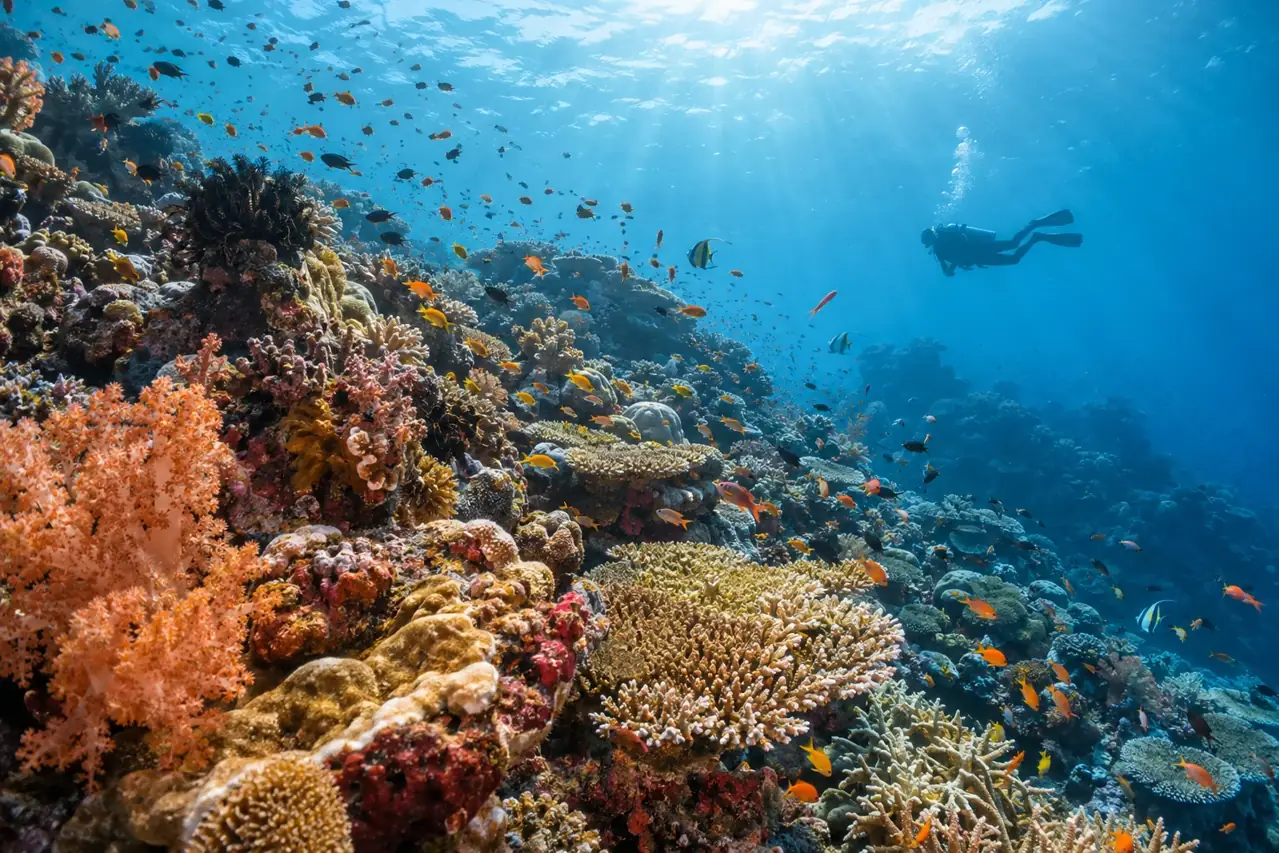 Scuba diver exploring a biodiverse coral reef at Atauro Island, Timor-Leste