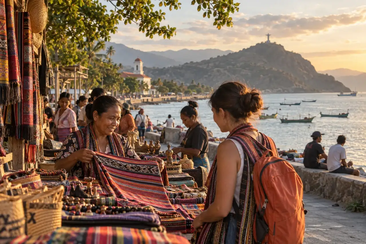 Timorese tais textiles at a Dili waterfront market with Cristo Rei in the distance