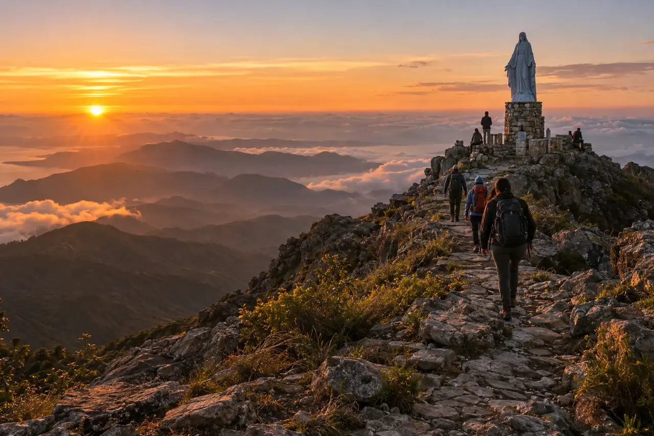 Hikers approaching the Mount Ramelau summit at sunrise in Timor-Leste
